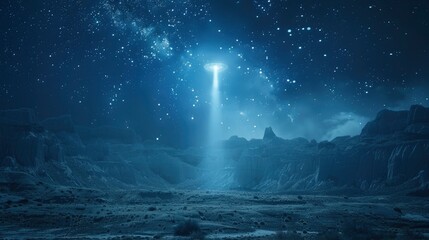 A remote desert landscape under a starry night sky, with a mysterious UFO descending towards the ground, illuminating the area with its bright lights.