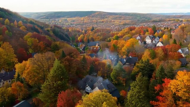 A birds eye view of a small town nestled between hills with rooftops peeking out from under the vibrant fall foliage.