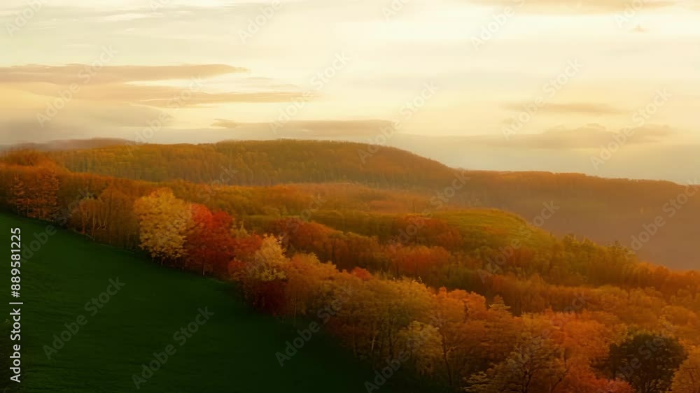 Poster a serene countryside scene with rolling hills covered in a mix of green and orange signifying the tr