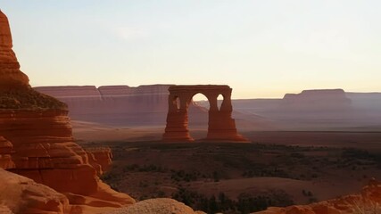 A photographer sets up their camera to capture the perfect shot of the sandstone arch formations framing the scene with expert precision.
