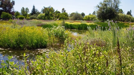 Obraz premium A Sunny Day in a Lush, Green Garden With a Small Pond