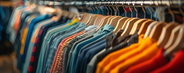 A vibrant assortment of colorful clothes on hangers in a retail store, showcasing variety in fashion and textile choices.