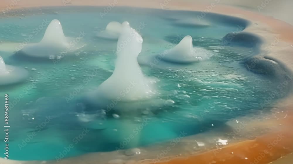 Poster zooming in on a small of thermal pools we can see tiny air bubbles constantly bursting to the surfac