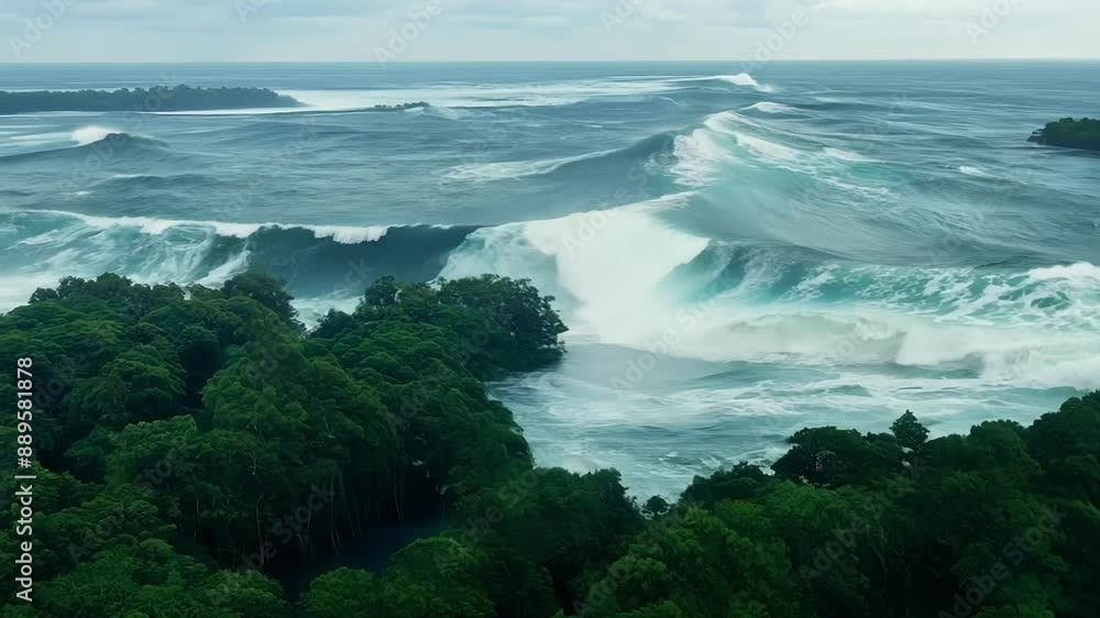 Poster birds eye view of a dense forest being swallowed up by a raging tidal wave its trees and vegetation 