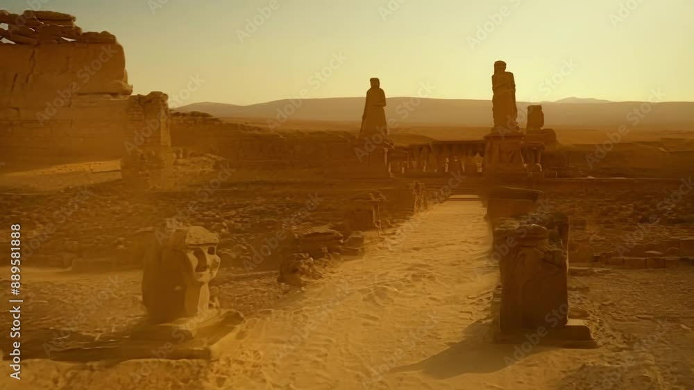 Poster broken statues line the path to the desert ruins their faces weathered and eroded by centuries of ha