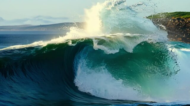 Slowmotion footage of a tidal wave crashing against a rocky shoreline its force sending spray and debris into the air.
