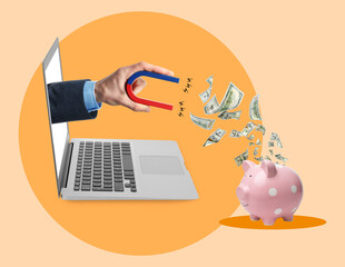 Man's hand sticking from laptop pulling dollars with magnet out of piggy bank on orange background....