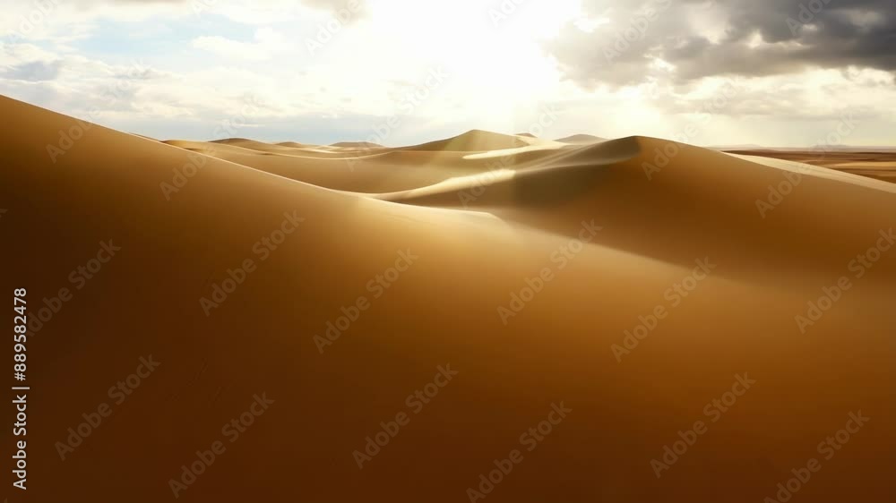 Poster sunlight breaking through the clouds illuminating the curves and undulations of a dunes surface.