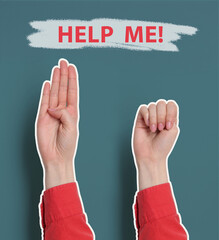 Signal for help. Woman gesturing on color background, collage