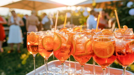 The Aperol cocktails with orange on the table at a festive event