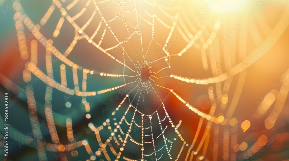 Poster macro shot of a spider's web with dew.