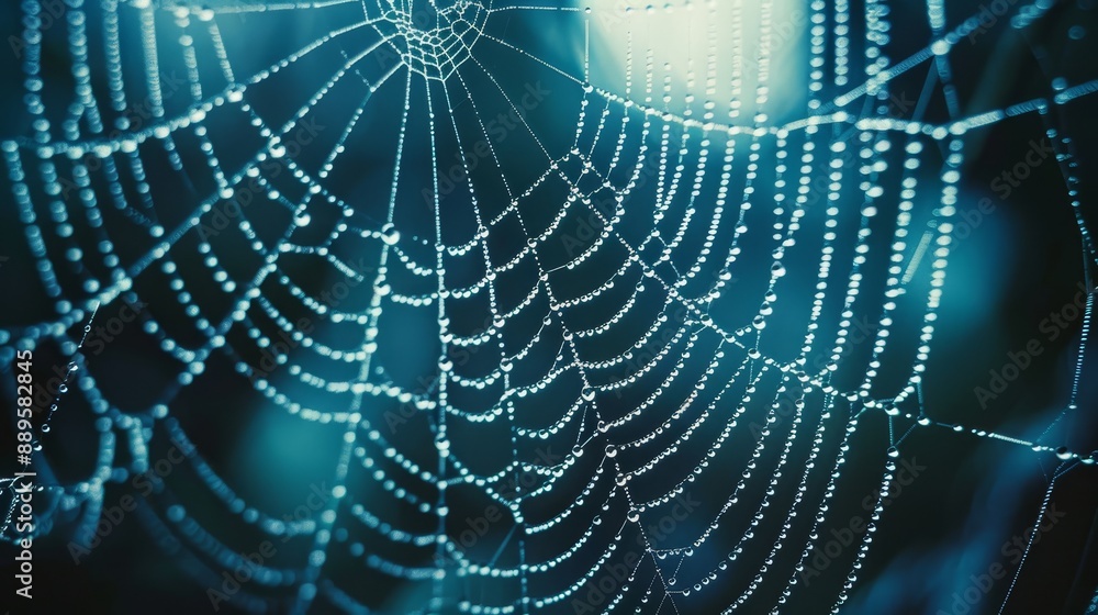 Poster macro shot of a spider's web with dew.