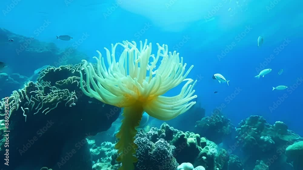 Poster the camera follows a sea anemone as it sways in tune with the currents in the coral reef lagoon.
