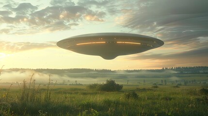 Fototapeta premium A UFO hovering above a tranquil countryside, its lights casting long shadows and creating a peaceful and surreal scene.