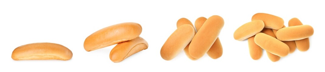 Fresh hot dog buns on white background, set