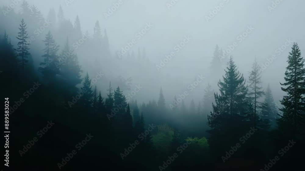 Poster whipping through the thick fog that blankets the mountain forest the trees appear as mystical silhou