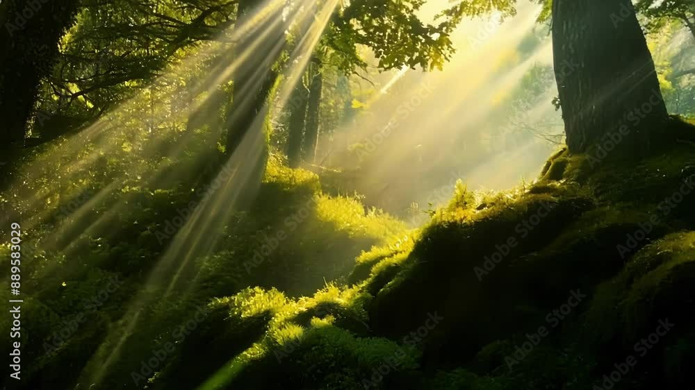 Poster sunlight filters through the dense canopy casting a warm and dappled light on the forest floor below
