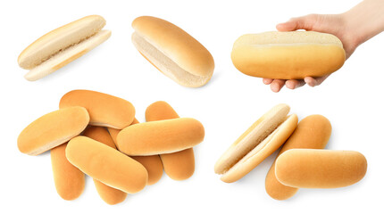 Fresh hot dog buns on white background, set