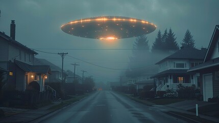 A UFO hovering above a quiet suburban street, its lights casting an eerie glow on the houses and creating a sense of mystery and awe.