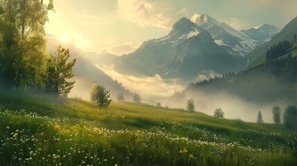 Obraz premium Wide shot of a serene mountain landscape. 