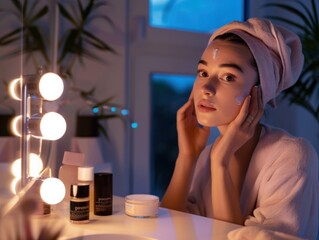 Woman applying skincare in illuminated vanity mirror