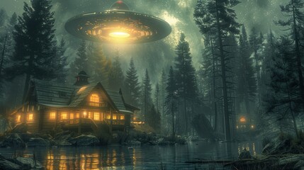 A UFO hovering above a remote cabin in the woods, its lights casting an eerie glow on the structure and creating a sense of mystery.