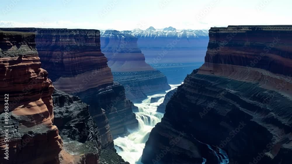 Poster tracking over a deep canyon rim with towering mountains visible in the distance and a rushing river 