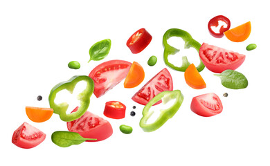 Different vegetables in air on white background