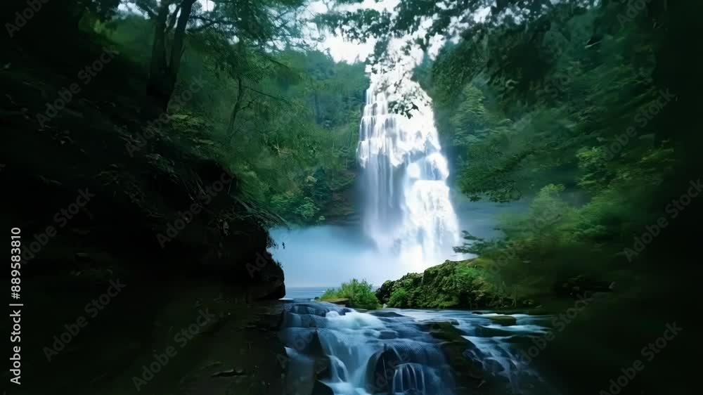 Poster a winding path through the forest lined with towering trees and leading to a serene waterfall oasis.