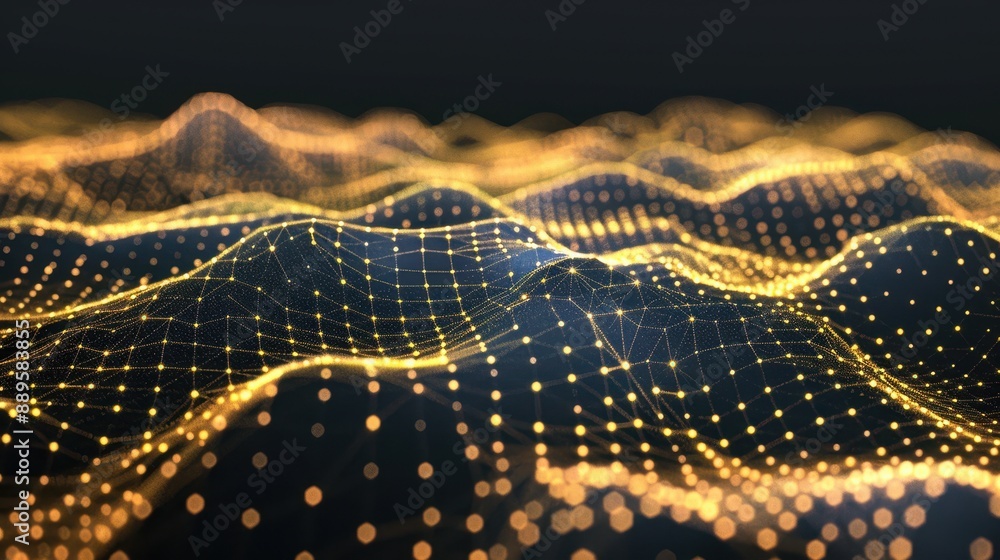 Poster golden abstract grid waves with glowing dots pattern.