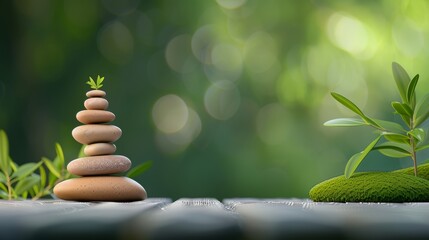 Obraz premium Balanced stack of stones on wooden surface with green plants in background, symbolizing peace, calmness, and harmony in nature.