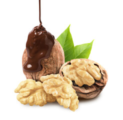 Pouring sweet chocolate onto walnuts against white background