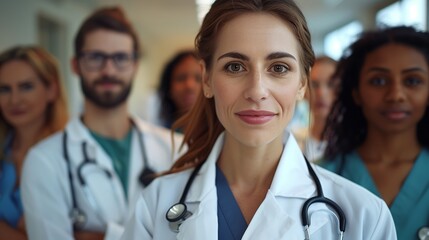 Fototapeta premium Un team diversificato di operatori sanitari uniti nell’obiettivo comune in un ambiente ospedaliero. 