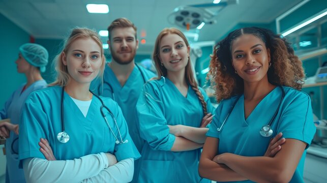 Un team diversificato di operatori sanitari uniti nell&rsquo;obiettivo comune in un ambiente ospedaliero.
