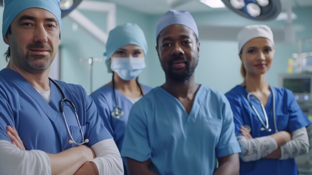 Un team diversificato di operatori sanitari uniti nell&rsquo;obiettivo comune in un ambiente ospedaliero.

