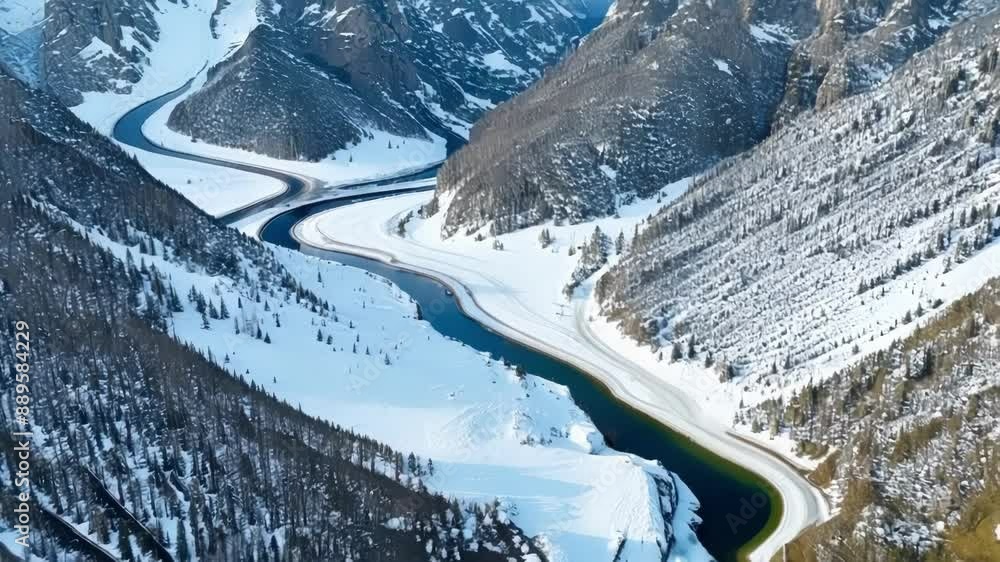 Poster aerial view of a mountain range covered in snow with streams starting to thaw and meander through th
