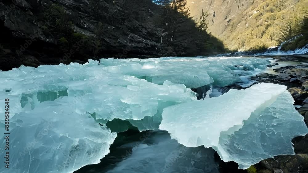 Poster slowmotion footage of chunks of ice breaking apart and melting into a gushing mountain stream creati