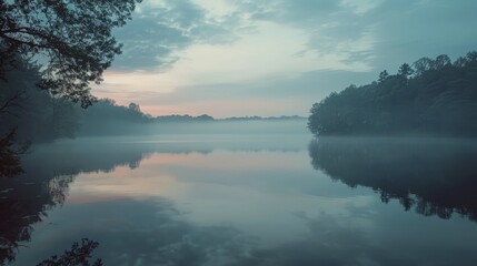 Tranquil Morning Mist Over a Forest Lake
