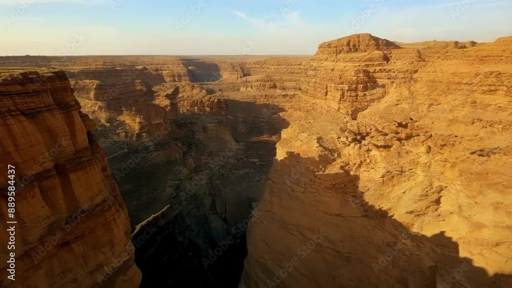 Poster view from the edge of a desert cliff showing the vastness of the landscape and the sharp drop below.