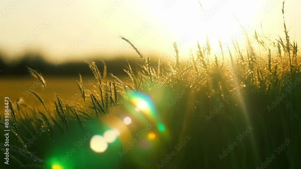 Poster the dewcovered grass shimmers in the gentle light of the sunrise creating a mesmerizing visual effec