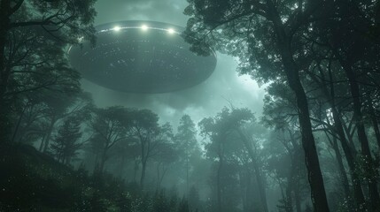An alien spacecraft hovering above a remote forest at night, its lights piercing through the trees and creating an eerie and mysterious atmosphere.