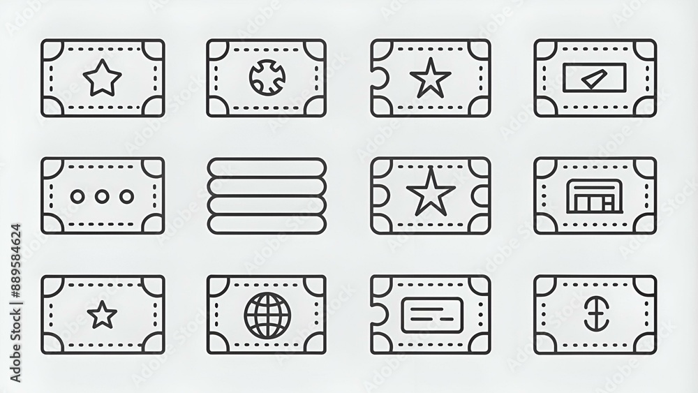 Wall mural tickets related icons: thin vector icon set, black and white kit