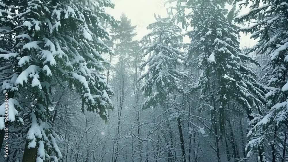 Poster a magical forest scene with every branch and twig coated in a layer of glistening white snow.
