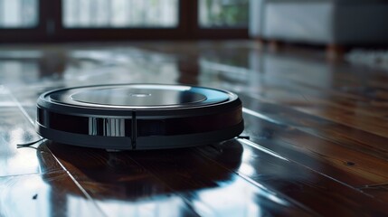 Obraz premium Black round vacuum cleaner robot on white background, modern technology for house cleaning