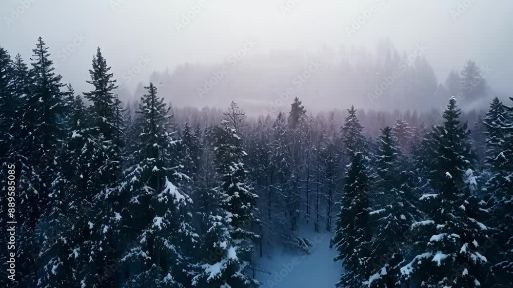 Poster a journey through a serene forest with trees heavy with snow creating a magical and mysterious ambia