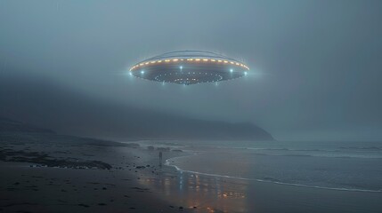Obraz premium An alien spacecraft hovering above a remote island at dusk, its lights casting long shadows on the beach and creating a sense of mystery and isolation.