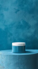 A blue and white jar sits on a pedestal