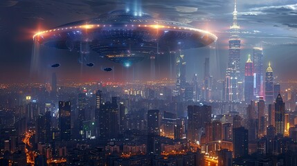An alien spacecraft hovering above a bustling cityscape at night, its lights reflecting off the skyscrapers and creating a sense of awe and wonder.