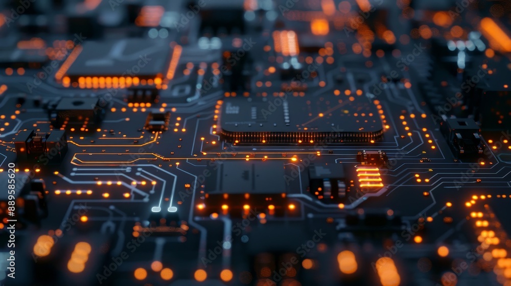 Poster macro shot of a circuit board with led lights and digital components.