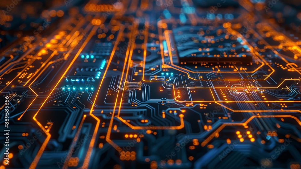 Poster macro shot of a circuit board with led lights and digital components.